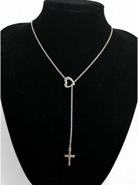 Silver Tone Heart & Cross Y Lariat Necklace Gothic Y2K
